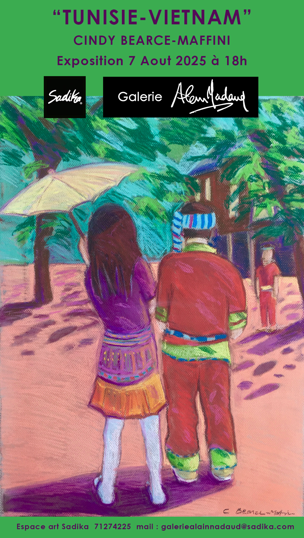 “TUNISIE-VIETNAM” CINDY BEARCE-MAFFINI Artiste exposant depuis les années 1970, à New York, Paris et le sud de la France, mon travail englobe dessins, pastels et peintures. Ayant étudié l'art et obtenu une maîtrise en beaux-arts (MFA) du Pratt Institute de New York à l'apogée du mouvement artistique super réaliste, mon travail est naturellement figuratif et influencé par des peintres tels que Mel Leipzig, Edward Hopper, Fairfield Porter, Neil Welliver et David. Hockney. Je travaille toujours autant que possible directement à partir de la nature, et termine mes œuvres en atelier à partir de mes croquis et photos de référence. J'ai toujours été fasciné par les contrastes d'ombre et de luminosité sur les objets de la vie quotidienne. La contraste entre la lumière vive et l'abondance de couleurs de la Tunisie et les couleurs sombres de Vietnam se retrouvent particulièrement dans ce groupe d'œuvres. Que vous soyez un visiteur de la région ou un résident, j'espère que vous apprécierez cette exposition. Pour voir plus de mes œuvres, visitez mon site web : www.cindybearce.com Cindy Bearce-Maffini